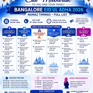 Bangalore Eid ul Adha / Bakrid 2026 prayer timings, area-wise Eidgah and Masjid list
